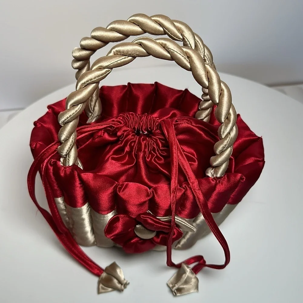 80s SATIN FLOWER BASKET cupcake purse twisted handle tie top bridal flower girl